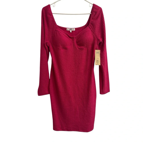 Pink Madden NYC Long Sleeve Textured Bodycon Bra-Cup Design Pink Dress Sz L - Picture 2 of 6